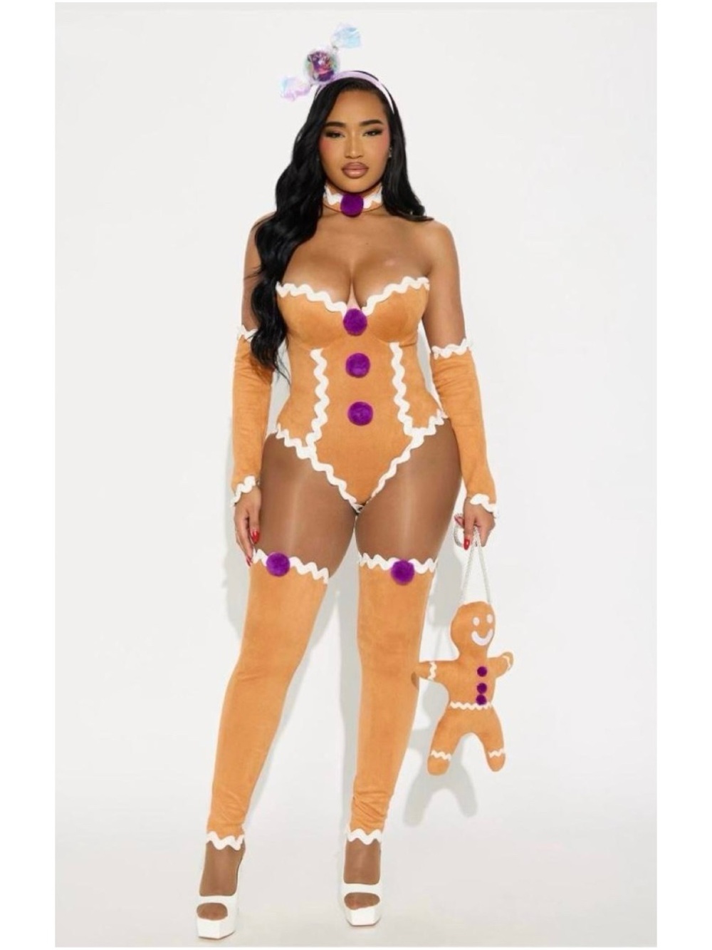 Fashion Nova Gingerbread Velvet Bodysuit Set in Orange with Purple Accents